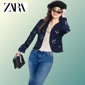 ZARA Black Contrast Embroidery Open Front Collarless Short Jacket Sz L